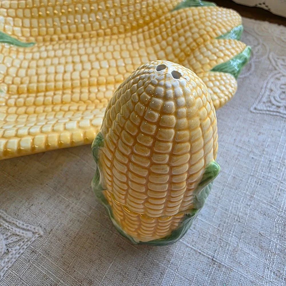 Bella Casa by GANZ Corn Serving Platter, Salt Pepper Set Yellow Green Ceramic 3D
